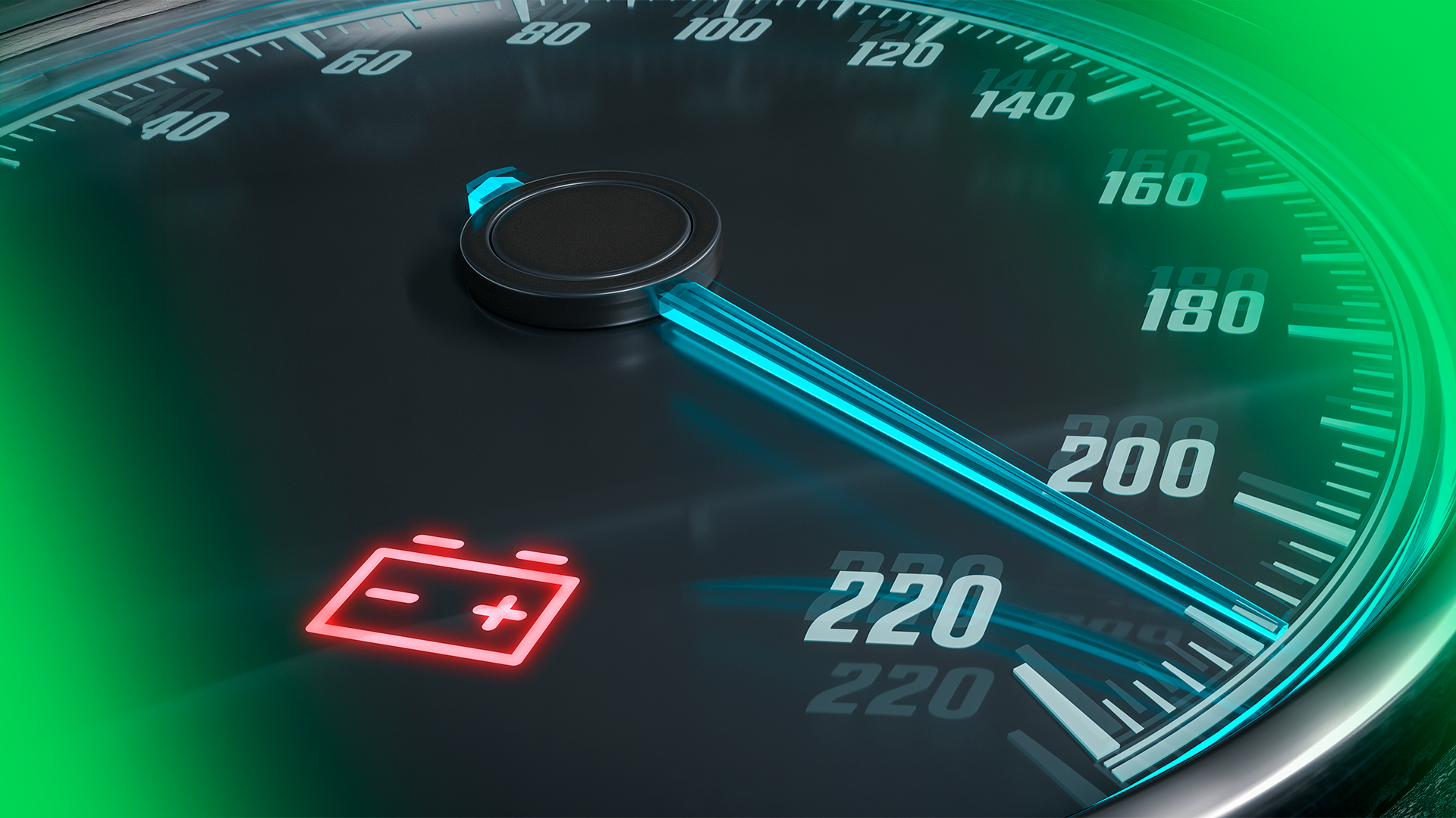 Imagem mostra close de painel de carro com velocímetro e luz da bateria acesa