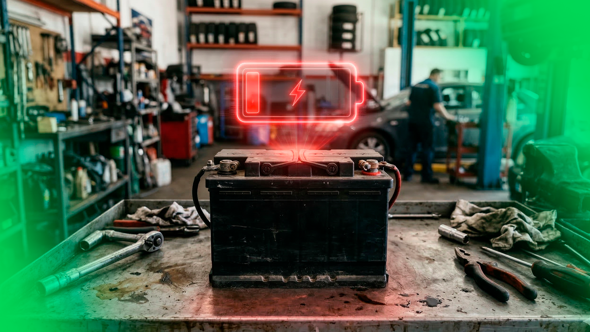 Imagem mostra bateria em cima de mesa de mecânico, com ferramentas em volta, e ícone de pilha/carregamento vermelho, demonstrando baixa bateria