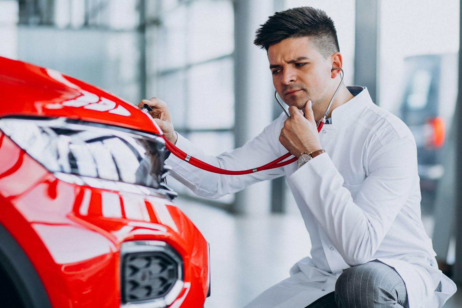 Um homem de jaleco branco verifica a saúde de um carro vermelho com um estetoscópio