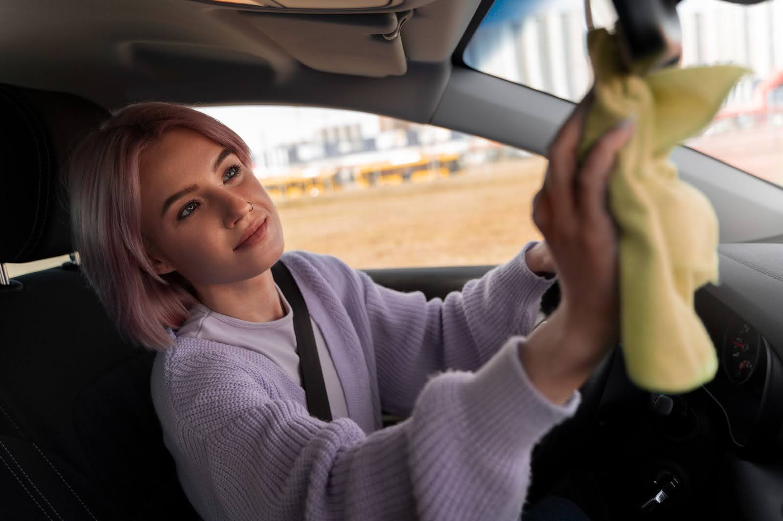 Mulher de cabelo rosa sentada no banco do motorista passa um pano amarelo no espelho retrovisor que também está com o vidro embaçado.