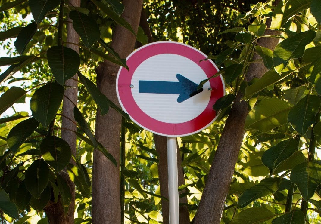 Foto mostra uma placa de sinalização de regulamentação, redonda vermelha com uma seta preta indicando sentido obrigatório.