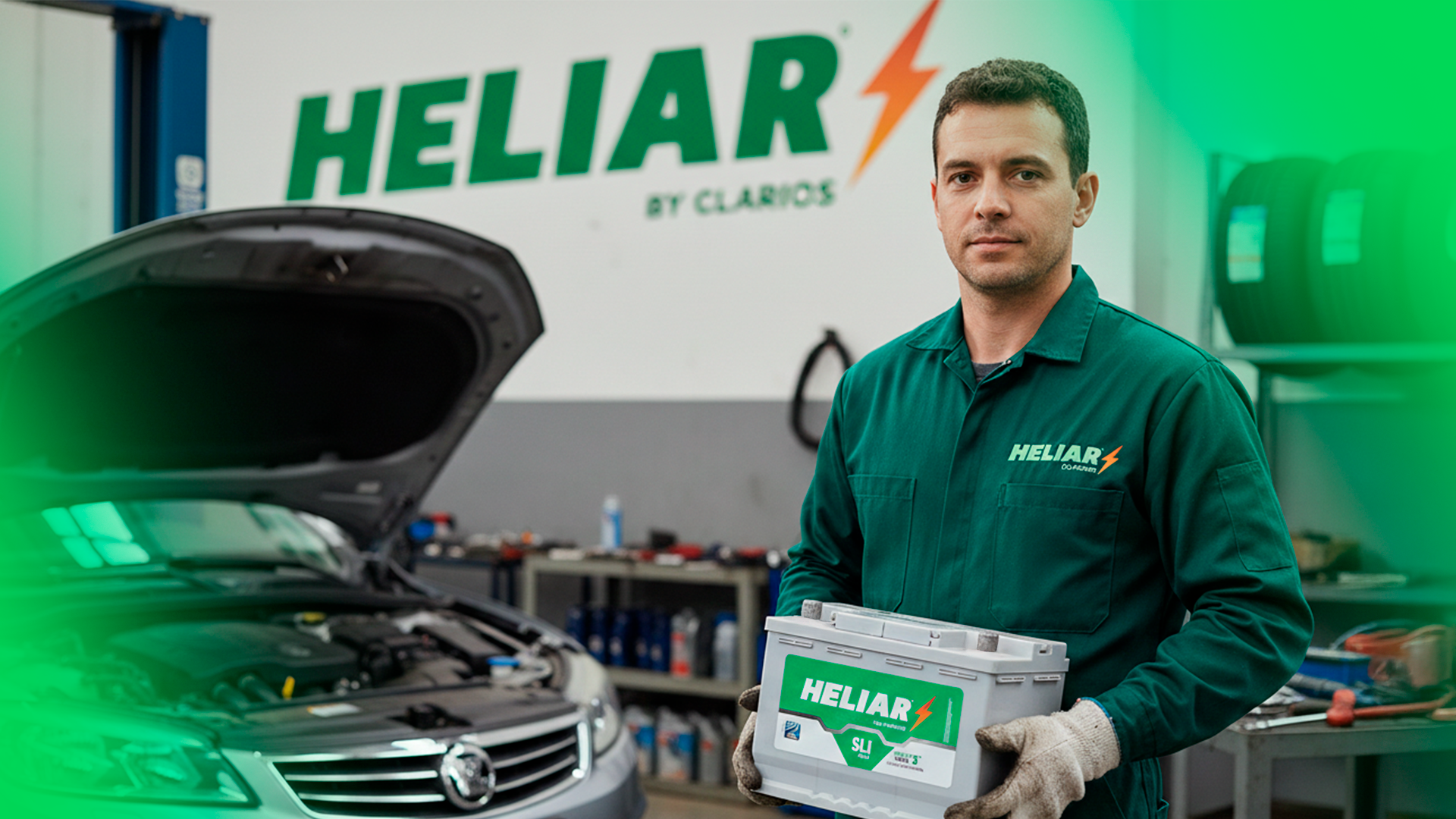Mecânico usando macacão verde da Heliar segura uma bateria Heliar SLI em frente a um carro com capô aberto
