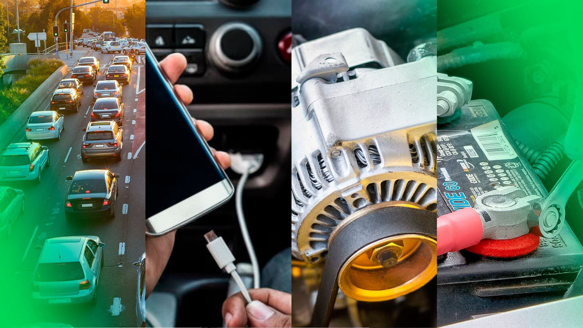 Imagem se divide verticalmente em 4 partes de tamanhos iguais, formando um painel com 1) uma rodovia com engarrafamento, 2) um telefone celular sendo ligado no carregador USB de um carro, 3) close de um alternador, 4) close de uma bateria automotiva