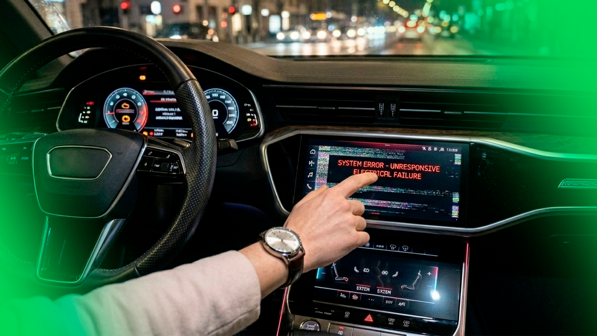 Imagem mostra visão do banco de trás, com motorista sentado ao volante e mexendo no painel central de multimídia do carro, que exibe uma mensagem de erro