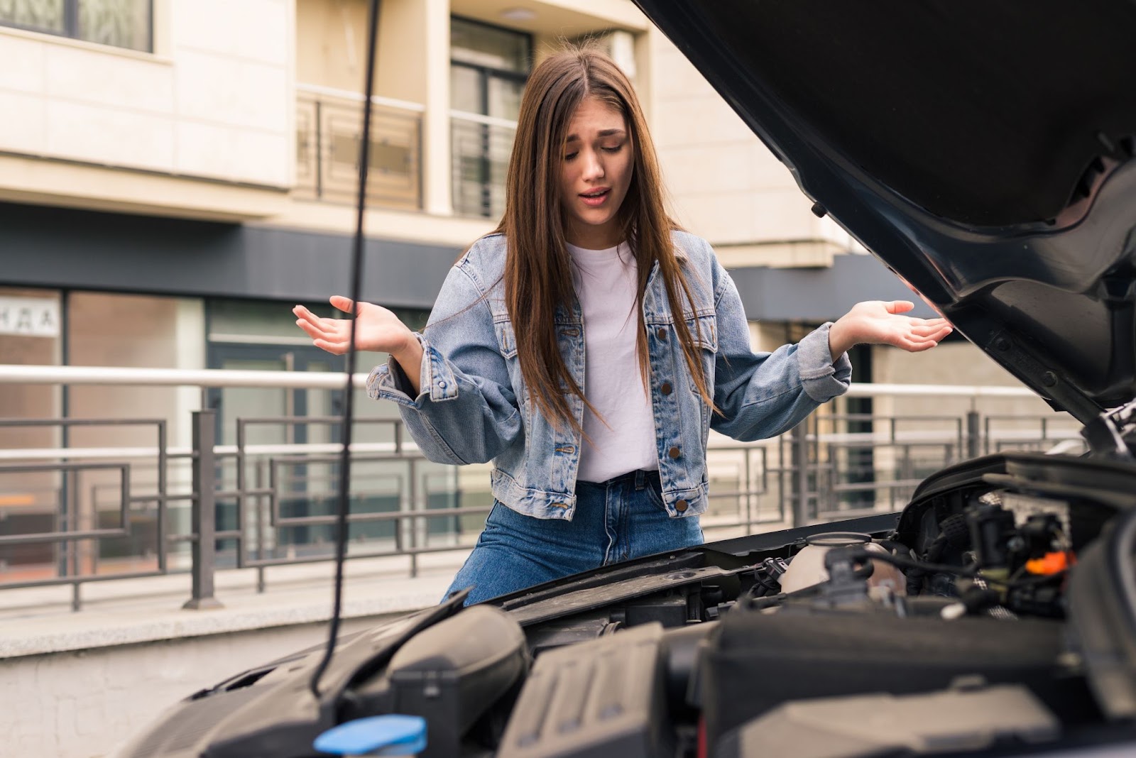 Mulher jovem preocupada de jaqueta jeans ao lado de carro com capô aberto, com expressão de dúvida.