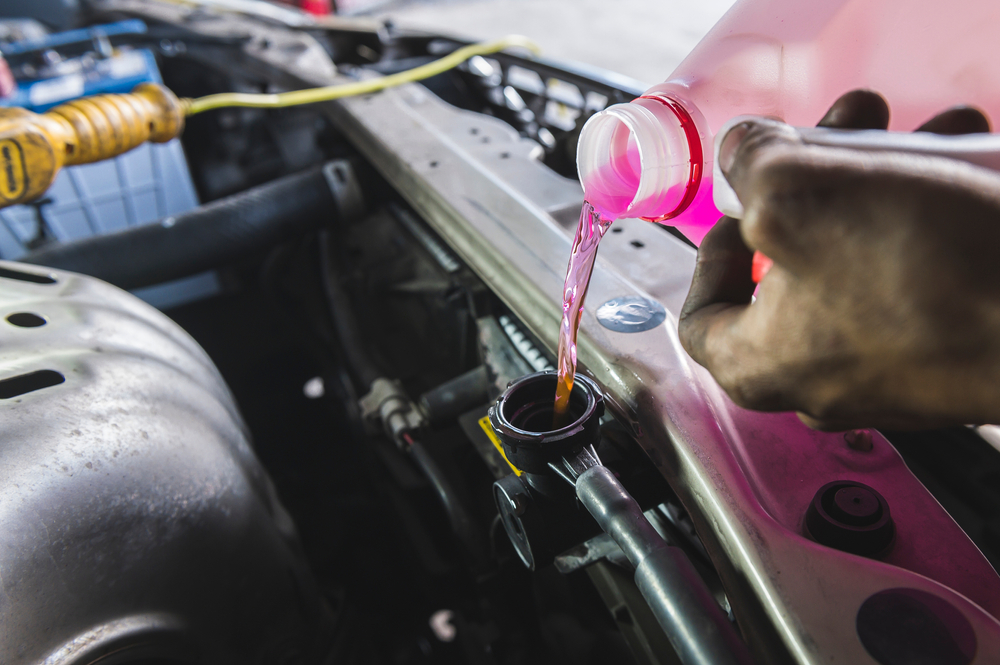 Um mecânico está despejando o líquido de refrigeração rosa em um radiador de carro.