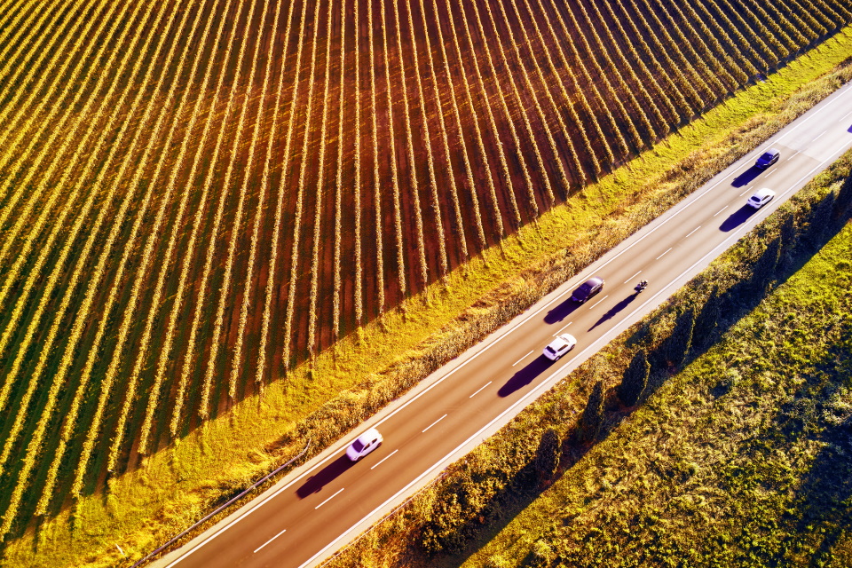 Cars Driving on Highway alongside Crops and Trees