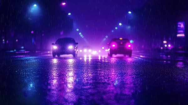 cars on road purple lights