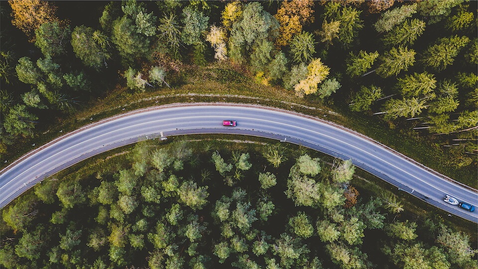 Overhead View of Cars on Highway alongside Trees