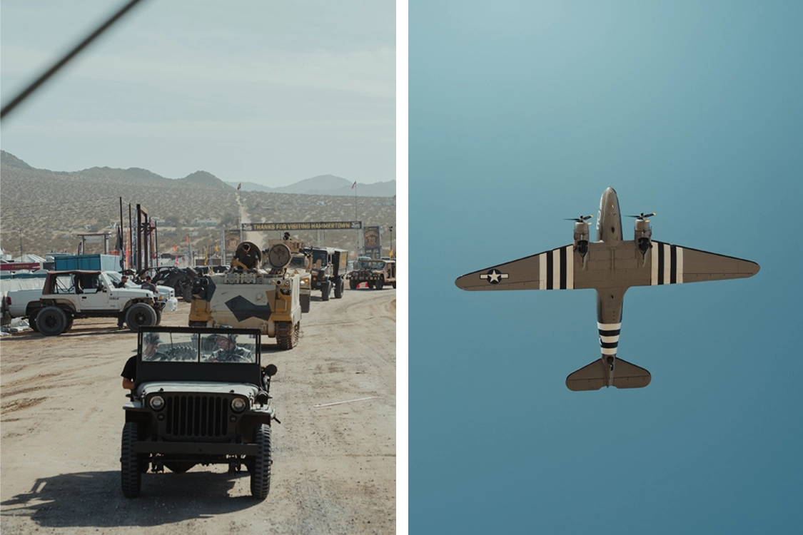 military parade and plane in sky