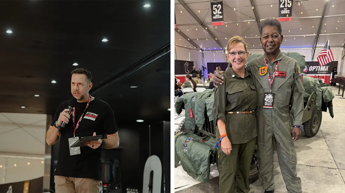 Split image Dean Nemecek speaking and Beth Powers CHRO with Tony Marshall Veteran