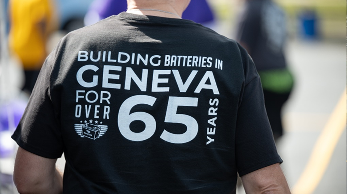 building batteries in Geneva for over 65 years on back of shirt