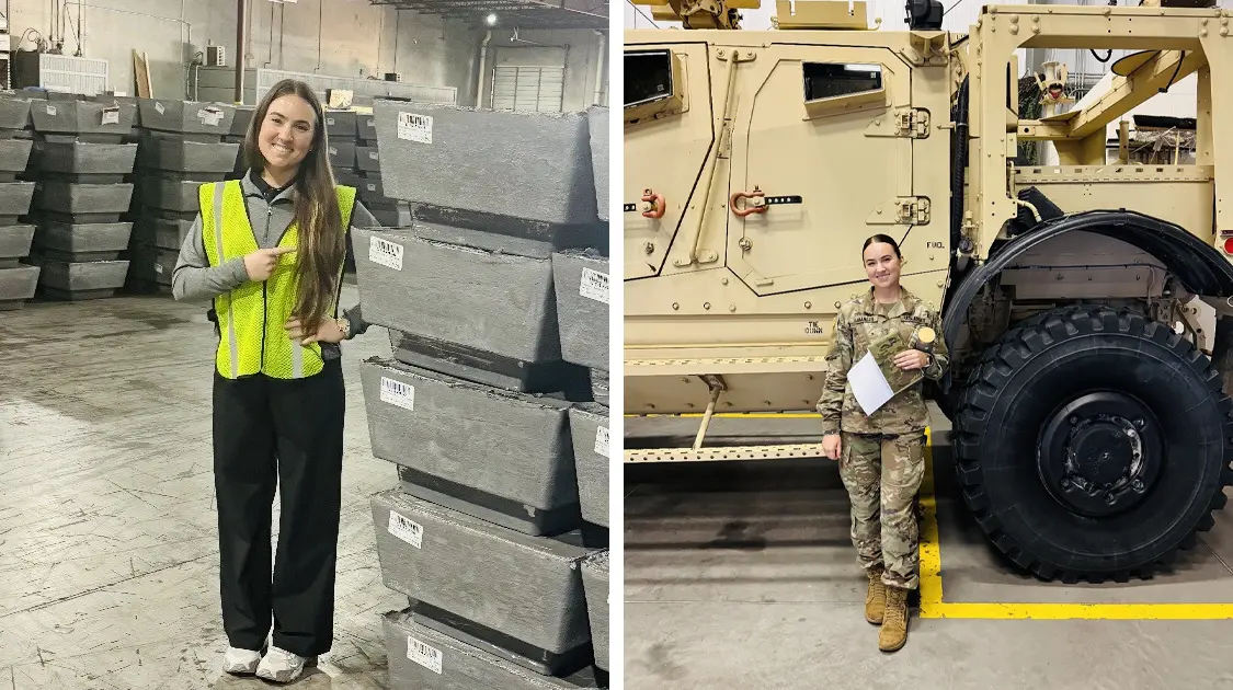 Rachael Samalis split image in warehouse and in uniform