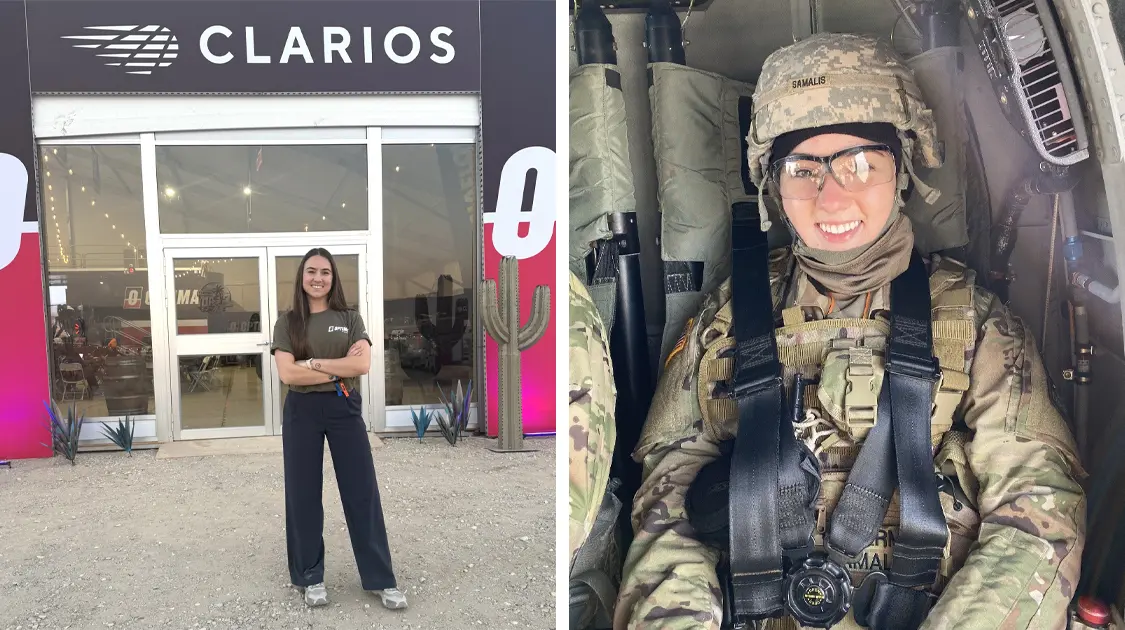 Rachael Samalis split image at Optima Oasis and in uniform on duty