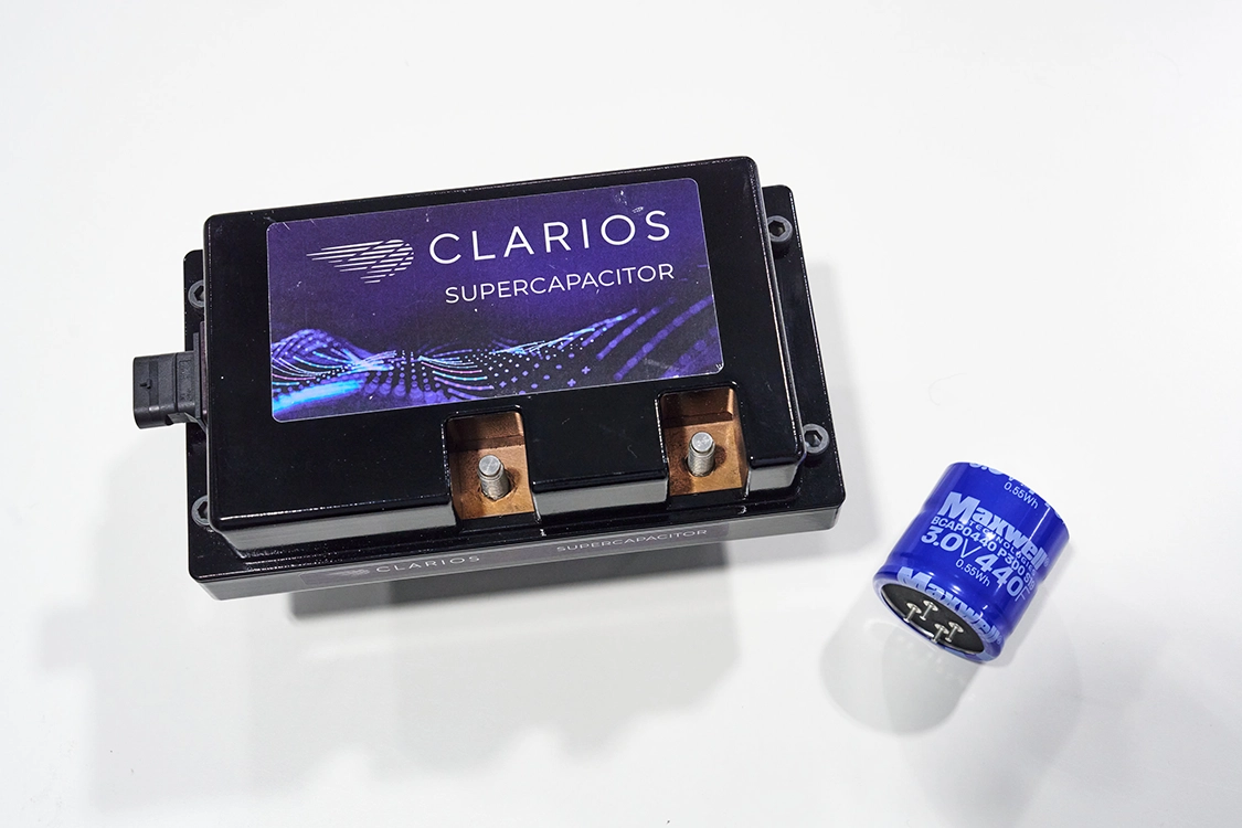 clarios supercapacitor on table with maxwell cell
