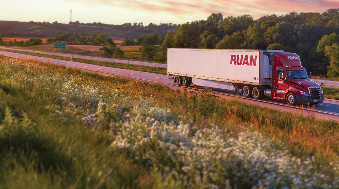 ruan semi truck on country road